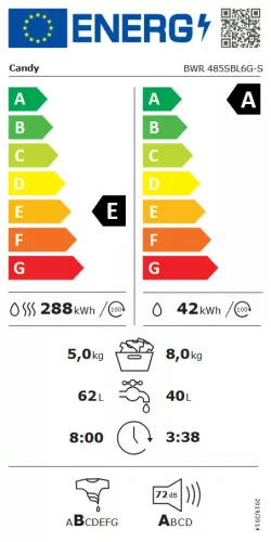 CANDY BWR 485SBL6G-S mosó-szárítógép, 8 kg, 1400 ford./perc, gőzfunkció, wifi 