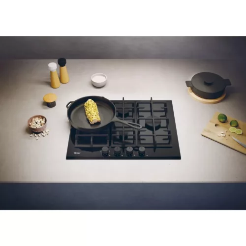 HAIER HAVG5D4TB Beépíthető gáz főzőlap 65cm, 3+1 wok égő, fekete, öntöttvas rács, "Diamond" konfiguráció
