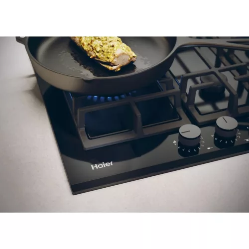 HAIER HAVG5D4TB Beépíthető gáz főzőlap 65cm, 3+1 wok égő, fekete, öntöttvas rács, "Diamond" konfiguráció