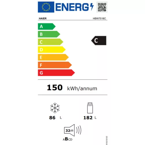 Haier HBW7518C Beépíthető alulfagyasztós hűtő, 2 ajtós, világítás LED, energiaosztály C, 268 L, Daylight LED világítás, WiFi kapcsolat - hOn app