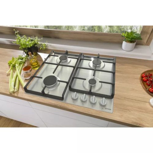 Gorenje G641EX Beépíthető gáz főzőlap,60cm, elölgombos vezérlés, egykezes szikragyújtás, öntöttvas edénytartó rács, inox 