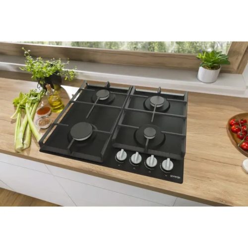 Gorenje G641EXB Beépíthető gáz főzőlap, 60cm, elölgombos vezérlés, egykezes szikragyújtás, öntöttvas edénytartó rács, fekete acéllap 