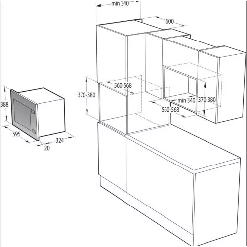 Gorenje BM201AG1X Beépíthető mikrohullámú sütő, ezüst, 20 l, grill funkció, gyermekzár, AquaClean hidrolitikus öntisztítás funkció 