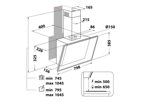 Whirlpool WHVP 82F LT K ferdesíkú fali kürtős páraelszívó