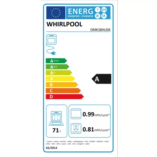 Whirlpool OMK38HU0X Beépíthető elektromos sütő, inox, 8 funkcióval, digitális kijelzővel, 71 L, teleszkópos sütősín nélkül, hidrolitikus öntisztítás