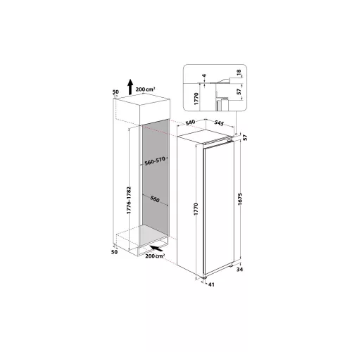 Whirlpool WHSD18A033C2 P Beépíthető egyajtós hűtőszekrény, 306 l hűtőtér, D energiaosztály,  prémium belső 6. Érzék, 30 dBA, 177x54x54.5 cm