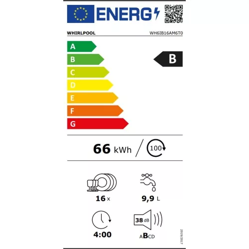 Whirlpool WH6IB16AM6T0 teljesen beépíthető mogogatógép, 60cm, 16 teríték, MaxiSpace, Evőeszköztartó fiók, Eco program, PowerClean
