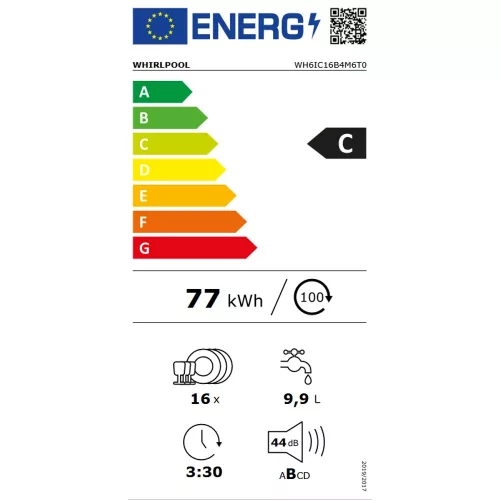 Whirlpool WH6IC16B4M6T0 teljesen beépíthető mosogatógép 60 cm, TOF, "C" energiosztály, 16 teríték, 9,9 l vízfogyasztás