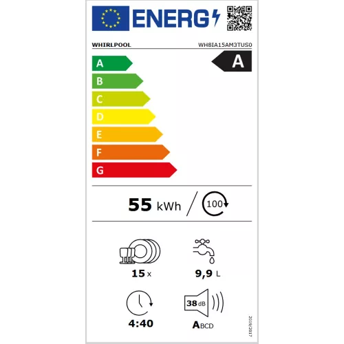 Whirlpool WH8IA15AM3TUS0  teljesen beépíthető mosogatógép 60 cm, "A" energiaosztály,  SpaceClean "Ibiza" kombinált felső kosár, 15 teríték,