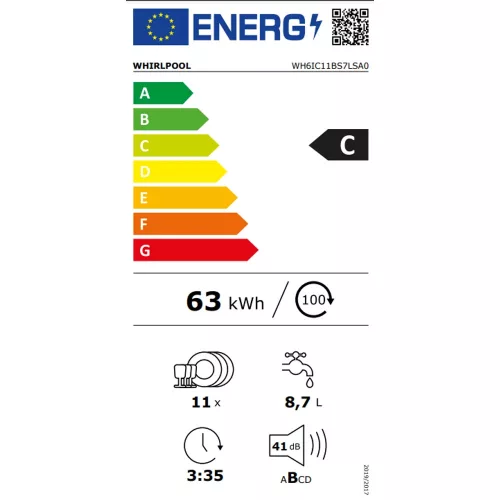 Whirlpool WH6IC11BS7LSA0 Teljesen integrálható keskeny mosogatógép, "C" energiaosztály, 11 teríték, PowerClean