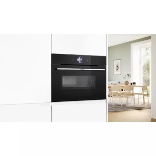 Bosch CMG7761B1 Beépíthető kompakt sütő mikrohullámmal, Digitális kijelzővel, 45 L, 900 W, Fekete, Teleszkópos sütősín nélkül, Pirolitikus öntisztítás