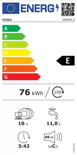 EVIDO AQUALIFE 45i Beépíthető mosogatógép, bútorlap nélkül 10 teríték, 11 L fogyasztás, 5 program, 49 db zajszint, E energiaosztály, Alsó evőeszköztartó kosár, 45 cm, Digit. kijelző