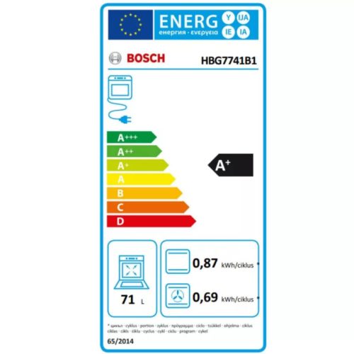 Bosch HBG7741B1 beépíthető sütő, fekete, 71 L,14 sütőfunkció, A+ energiaosztály, pirolitikus tisztítás, Home Connect, TFT-kijelző, Assist funkció