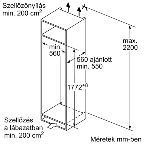 Bosch KIR81ADD0 beépíthető hűtőszekrény, 177,2 cm, 310 l űrtartalom, érintővezérlés, PowerVentilation, szuperhűtés, VitaFresh fiók, 34dB(A)