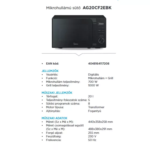 Midea AG20CF2EBK szabadonálló mikrohullámú sütő,  grill funkció, fekete, 20L