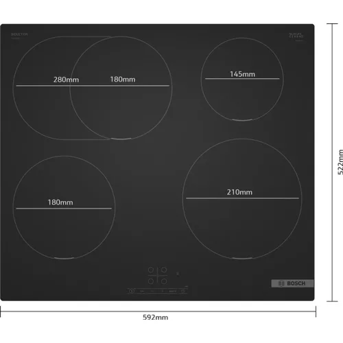 Bosch PIF61ABB5E beépíthető indukciós főzőlap, matt fekete, 60 cm, TouchSelect, QuickStart, ReStart, Timer, 2 fázisra köthető, 7.4 kW