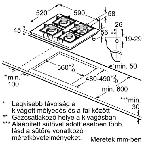 Bosch PNH6B6K40 Gázfőzőlap, 60 cm - fekete edzett üveglap - Serie4 - 60cm - 4 gázégő - WOK égő