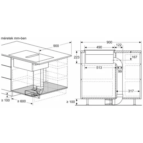 Bosch PVS611B16E beépíthető indukciós főzőlap beépített páraelszívóval, 60 cm, érintővezérlés, Booster funkció, időzítő, 622 m3/h elszívási teljesítmény, 61-69 dB/A (3 év garancia)