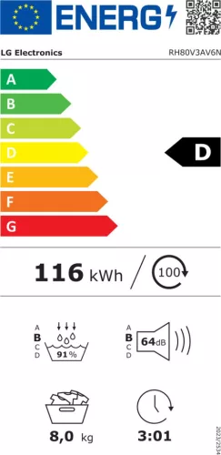 LG RH80V3AV6N hőszivattyús szárítógép, 8 kg, Wifi funkció, fehér 