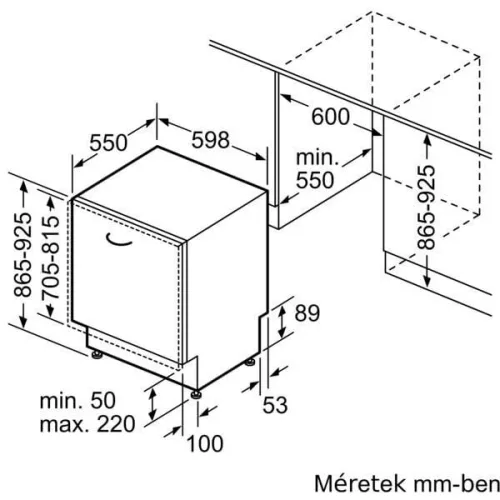 Bosch SBH4ECX28E Serie 4, Beépíthető mosogatógép, 14 teríték, 60 cm, XXL, Wifi, VarioHinge - csúszózsanér, status light, 86,5 cm magas