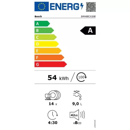 Bosch SMV6ECX20E beépíthető mosogatógép, 60cm, 14 teríték, Extra szárítás, WIFI, VarioDrawer, MaxFlex kosarak, TimeLight padlófény, 42dB(A)