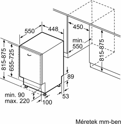 Bosch SPV4HMX10E Beépíthető mosogatógép, 10 teríték, 9.5 L fogyasztás, 6 program, 44 db zajszint, E energiaosztály, Felső evőeszköztartó tálca, 45 cm, digitális kijelző