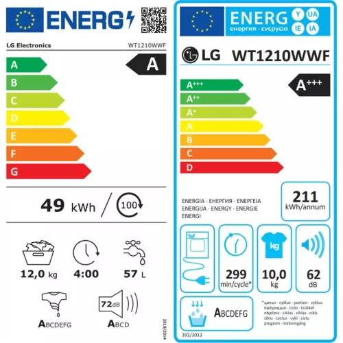 LG WT1210WWF WashTower™ Mosó-szárítógép, 12/10 kg, max. 1400 ford./perc, Steam™, TurboWash™360, Automatikus kondenzátortisztítás
